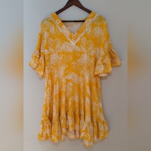 Label Of love Medium Dress With Palm Branch/ Hawaiian Print Ruffle Sleeves